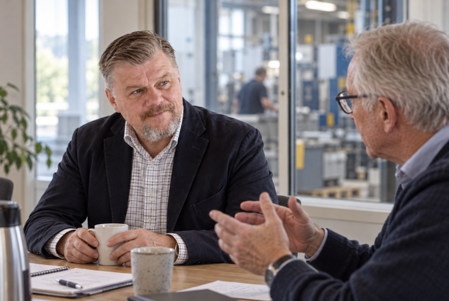 Bjørn Alsterberg i samtale med en erfaren leder om et planlagt lederskifte