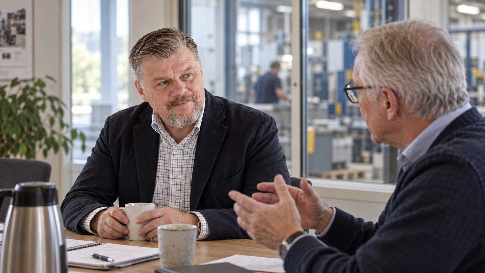 Bjørn Alsterberg i samtale med en erfaren leder om et planlagt lederskifte